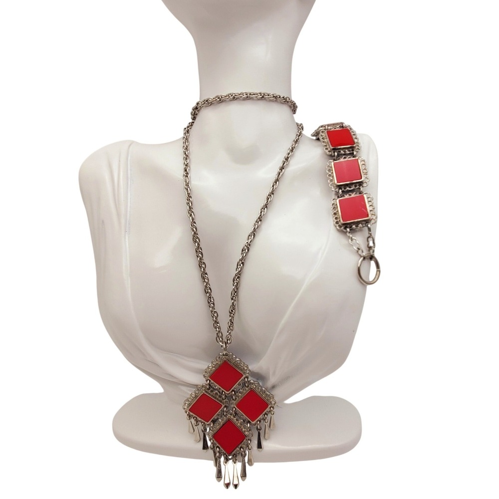 Celebrity Necklace Bracelet Set Red Blue Reversible Pendant Toggle Patriotic Vtg